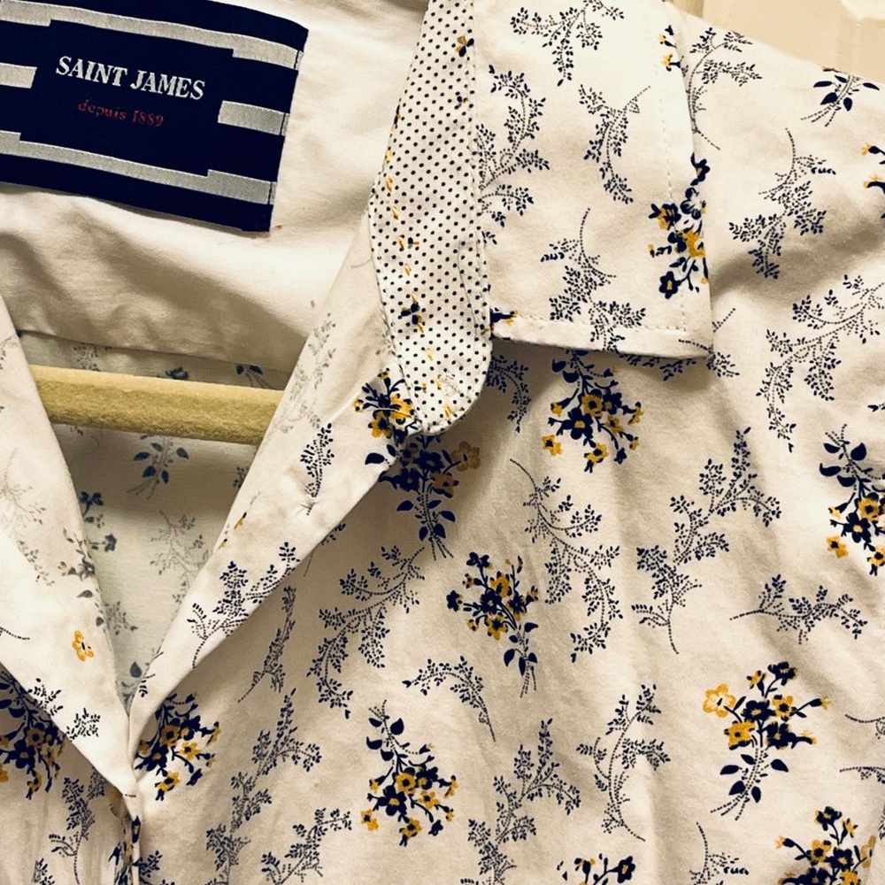 Saint James Women long sleeve button up shirt white floral pattern US6/Eur40